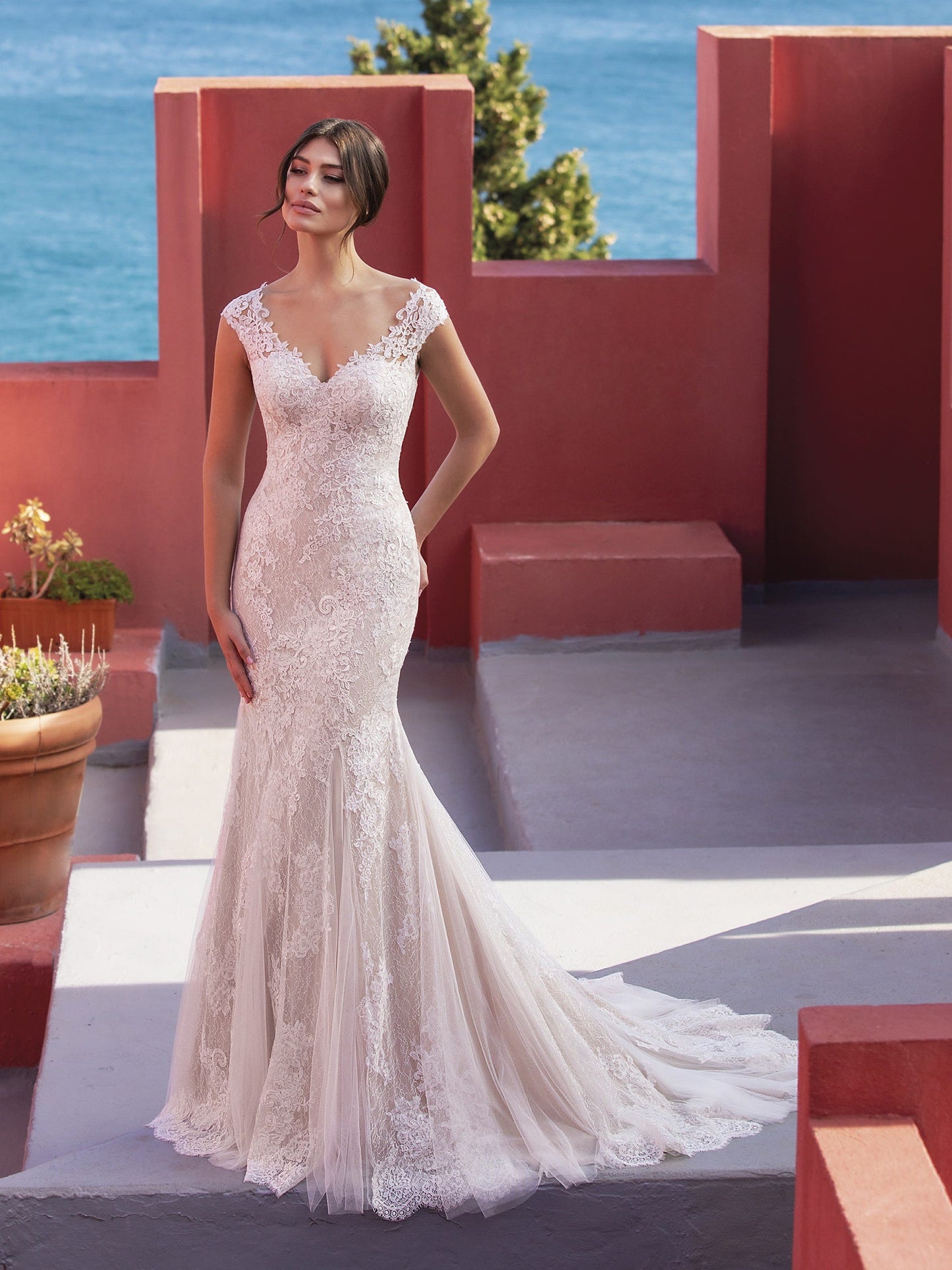 Pronovias White One Bridal CICELY  Gorgeous embroidered tulle lends a romantic, heirloom look to this sensual mermaid dress that flatters curves in all the right places. With a sexy illusion back and chapel train with a scalloped edge.  Silhouette / Cut Mermaid Neckline V-neck