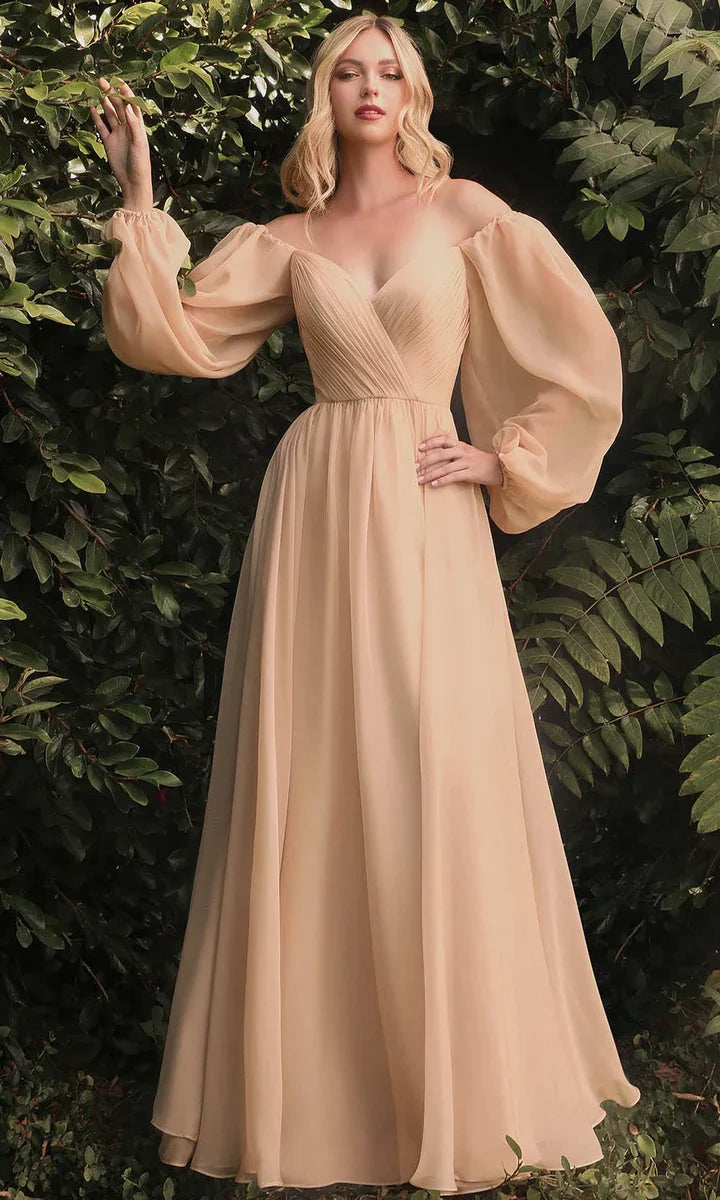 Ladivine CD243 CD243C Long Sleeve Chiffon A Line Formal Dress V Neck Bridesmaid Dress Bridesmaid Be tantalized by the allure of this fascinating Cinderella Divine CD243 creation. Fluttering into an ethereal silhouette, this gown flatters with a sweetheart neckline on a pleat-rendered bodice. Styled with a v-open back and framed with long bishop sleeves, the A-line skirt flutters into a floor grazing hemline with a sweeping train. Be impressed with the captivating style of this Cinderella Divine masterpiece.