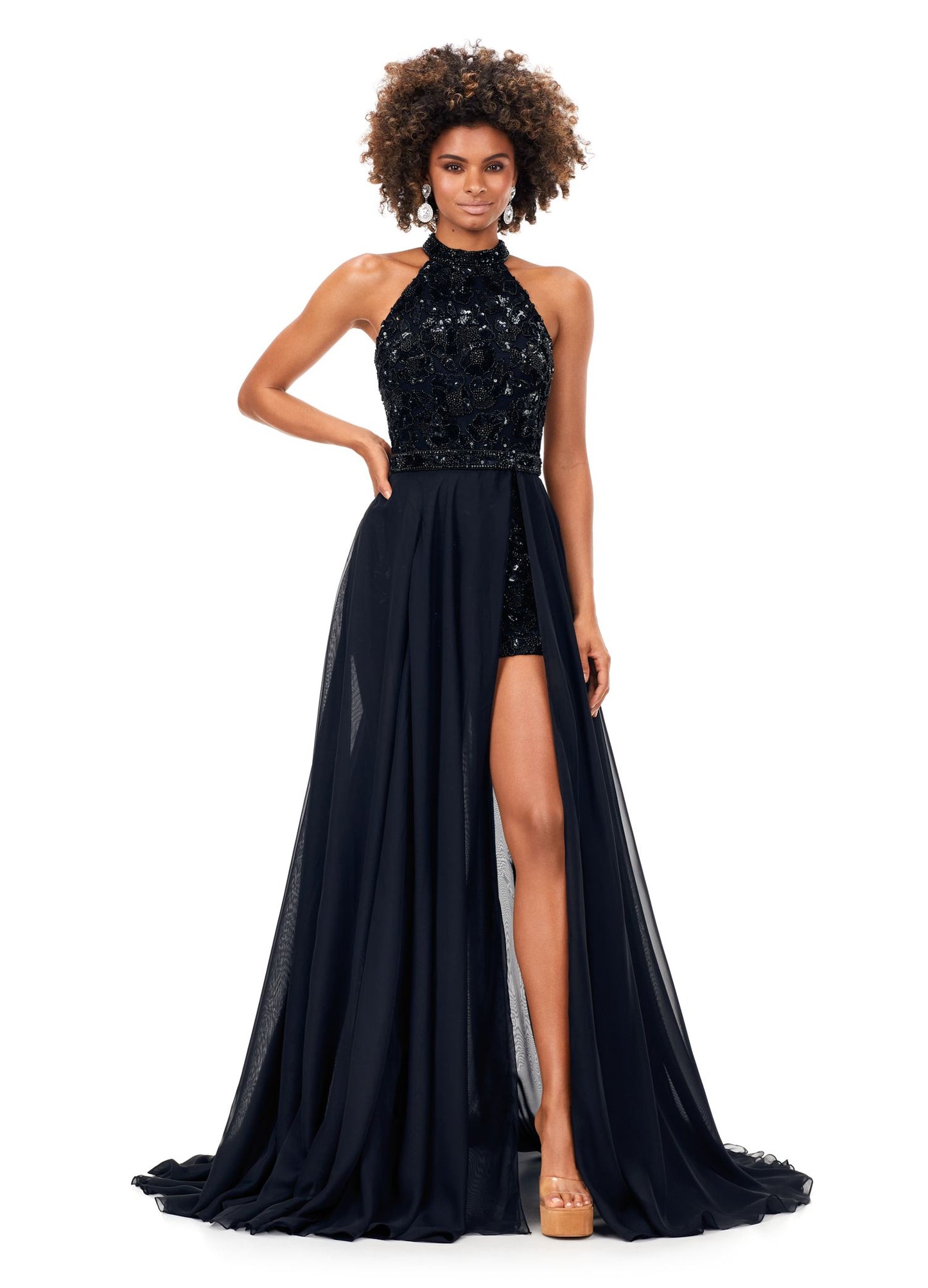 Ashley Lauren 11354 Beaded Halter Romper with Detachable Overskirt Formal Pageant Prom