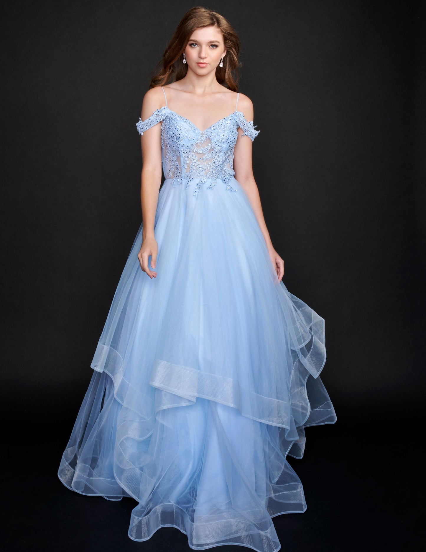 Nina Canacci 5205 Long Ballgown Prom Pageant Gown Long Sheer Ruffle Ballgown Prom Dress off the Shoulder Bridal Gown  Available Color- Ivory, Baby Blue  Available Size- 4-24