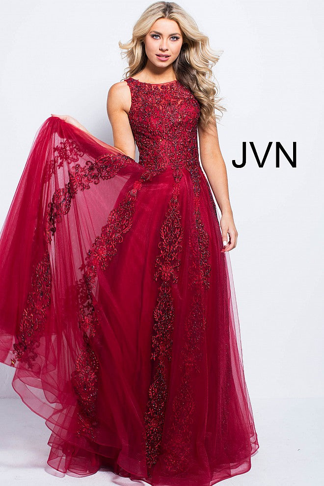 JVN59046 Burgundy prom dress with sheer lace applique high neckline and sheer full back lace applique coverage with zipper and long tulle ball gown skirt 