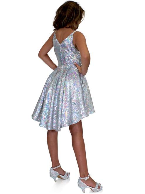 Marc Defang 5013 Short Sequin Fun Fashion Girls Pageant Dress Interview   Fun fashion, opening number dress Holographic sequins material  fully beaded Asymmetrical cut hems  Center back invisible zipper Fully lined dress Available Sizes: 8  Available Colors: Silver