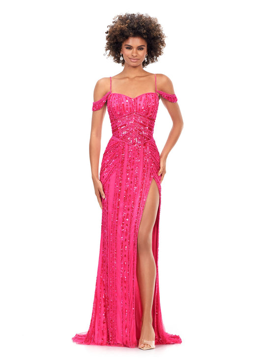 Ashley Lauren 11257  Off the Shoulder Beaded Prom Dress Slit Spaghetti Straps