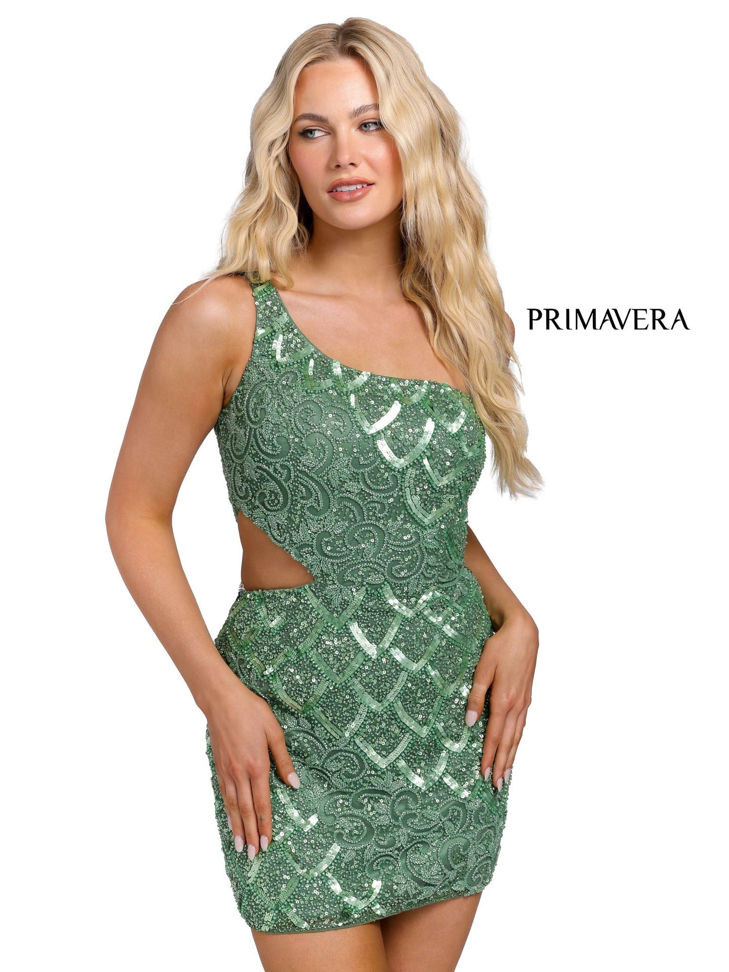 Primavera Couture 3504 Cocktail Dress Glass Slipper Formals Lake City Florida  Wow everyone at the party with this short homecoming dress.  The beaded sequins fitted dress has scallop details, it is one shoulder with a cutout on the side.  Colors: Black, Bright Blue, Ivory, Emerald, Gold, Light Turquoise, Neon Coral, Neon Lilac, Neon Pink, Orange, Pewter, Pink, Purple, Raspberry, Red, Royal Blue, Sage Green, Yellow  Sizes:  00, 0, 2, 4, 6, 8, 10, 12, 14, 16, 18