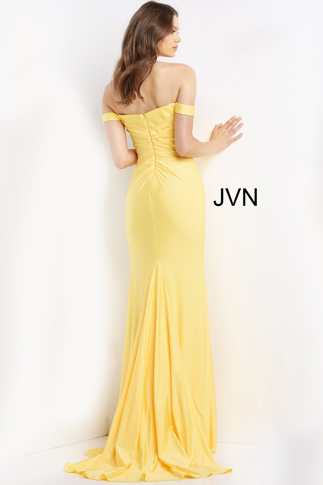 JVN07639 Long Fitted off the shoulder Prom Dress Evening Gown Ruched Formal Gown