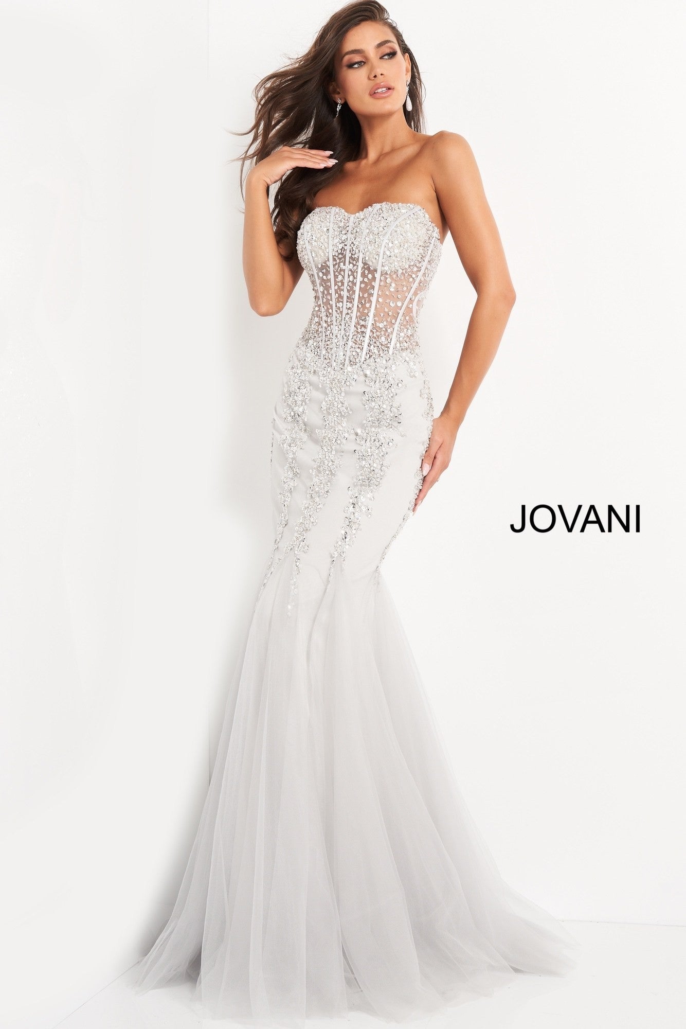 Jovani 5908 Long Sheer Corset Strapless formal prom and Pageant dress mermaid tulle trumpet skirt crystal rhinestone embellished evening gown fit & Flare 2021 Gown Sequin sweetheart 