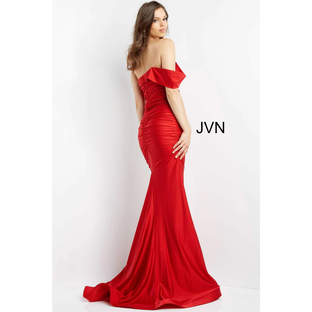 JVN07640 One Shoulder Fitted Stretch Prom Dress with Ruching and Train