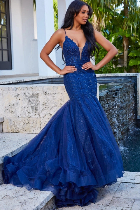 Jovani JVN07398 Navy Lace Mermaid Prom DressJovani JVN07398 Lace top Mermaid Fit and Flare Prom Dress low v neckline mid back tulle bottom skirt horsehair trim  Available colors:  Emerald, Light Blue, Navy, Red  Sizes: 00-24