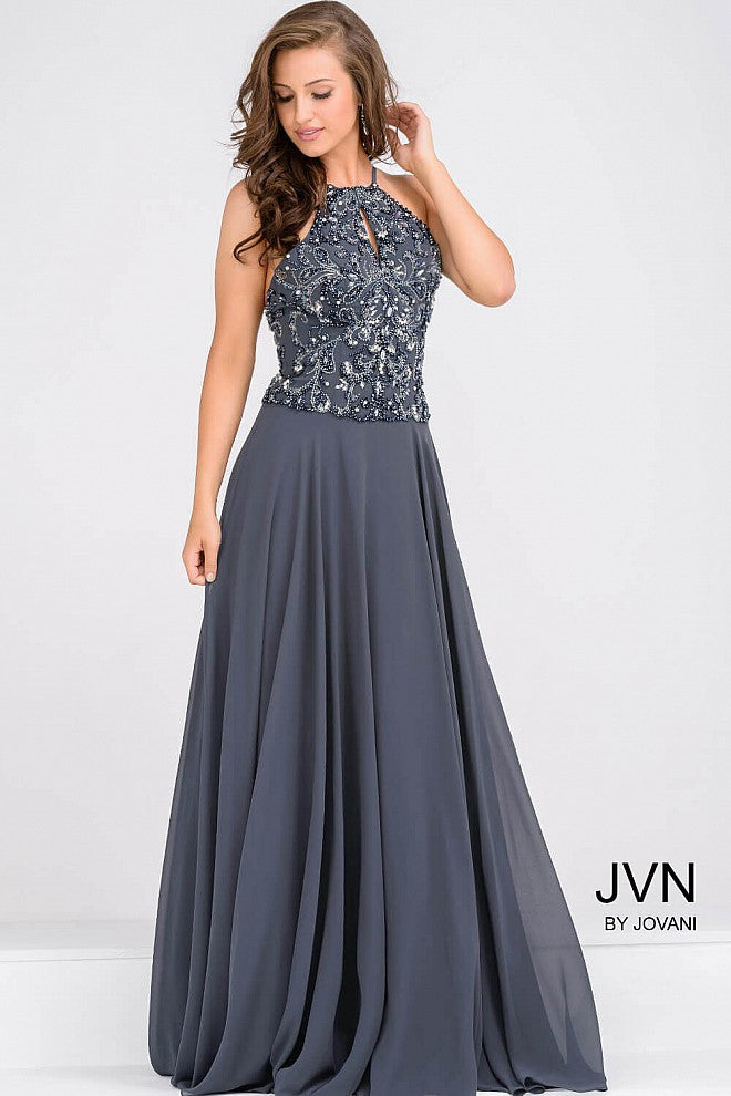 Jovani JVN33700 Size 2 Navy Halter beaded Chiffon Dress Long Formal Gown