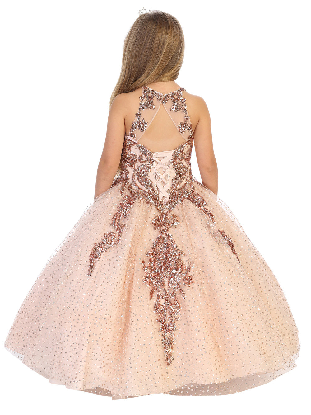 DQ K727 Size 2 Rose Gold Girls Ballgown Pageant Dress Sequin Lace Glitter Corset  Girls Glittering A Line Ball Gown  Available Size: 2  Available Color: Rose Gold