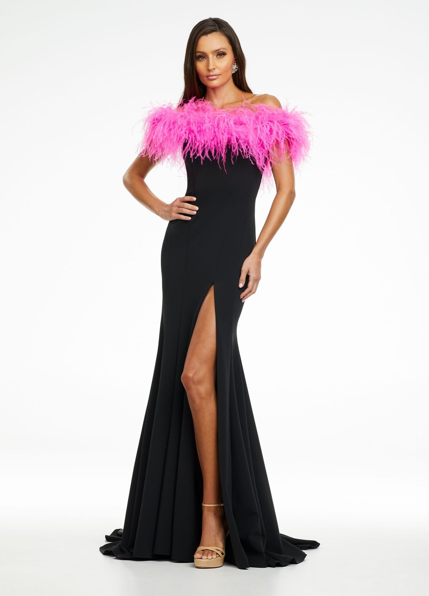 Ashley Lauren 11099 Feather Trimmed Prom Dress.  This elegant and fun prom dress is also excellent for pageants or other formal evening events.  It has an off the shoulder feather neckline that wraps all the way across your arms and to the back.  The long scuba skirt has a left leg slit and it has a train.  Colors:  Hot Pink, White, Turquoise, Hot Pink/Black  Sizes:   0, 2, 4, 6, 8, 10, 12, 14, 16