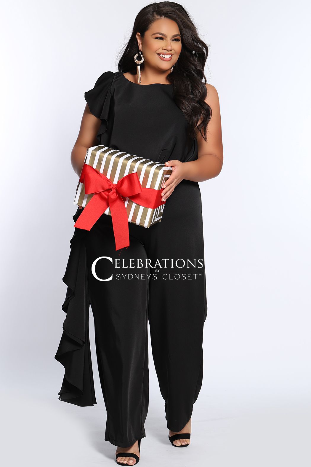 Sydney's Closet CE2014  Trendy plus size formal jumpsuit looks elegant at any special occasion whether you're a guest at a wedding, spending a night on the town or having brunch with family and friends. One-piece silhouette in rich French crepe fabric makes dressing up effortless. 