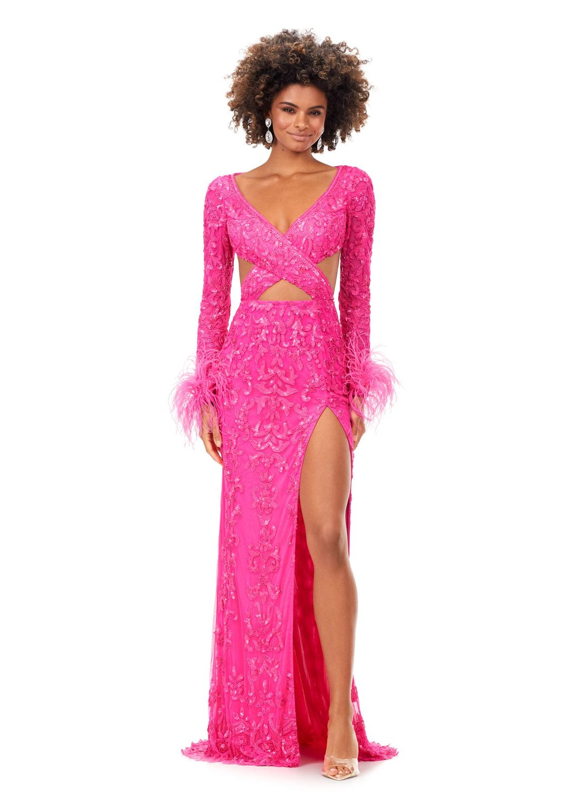 Ashley Lauren 11364 Talk about fabulous?! This beaded gown features a criss-cross cut out bodice and long sleeves. The sleeves are trimmed in feathers. The gown is complete with a left leg slit and sweep train. V-Neckline Criss Cross Bodice with Cut Outs Feather Trimmed Sleeves Left Leg Slit COLORS: Sky, Ivory, Hot Pink, Red