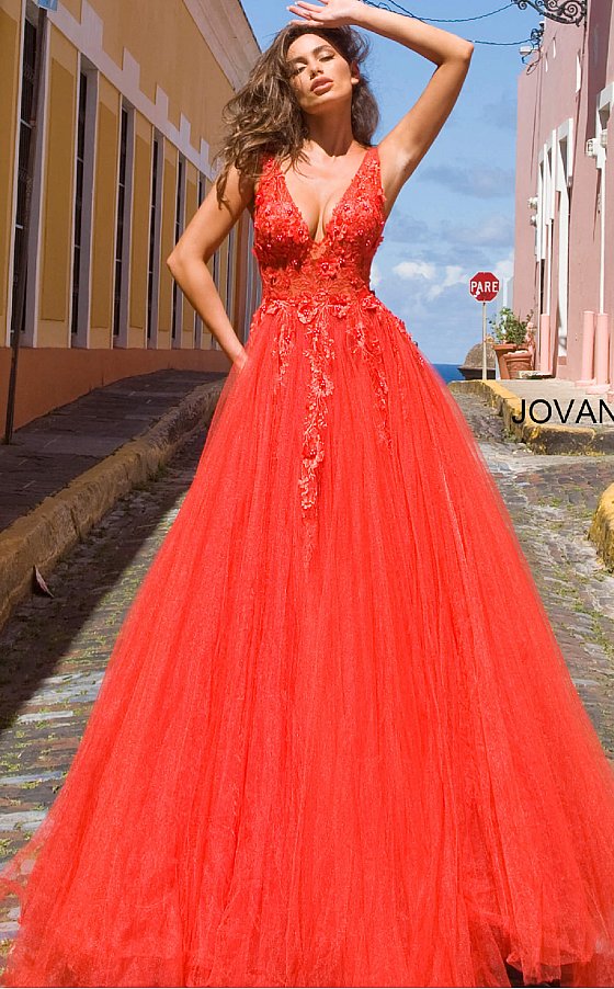 Jovani 55634 v neckline lace floral applique and tulle prom dress ball gown. Tulle ballgown, floor length, floral appliques, sheer sleeveless bodice, bra cups, v neckline and back. Available Colors: black/black, fuchsia, champagne, navy/black, off white/blush, off white/light blue, off white/off white, off white/yellow, off white/ lilac, red, teal  Available Sizes: 00 - 24