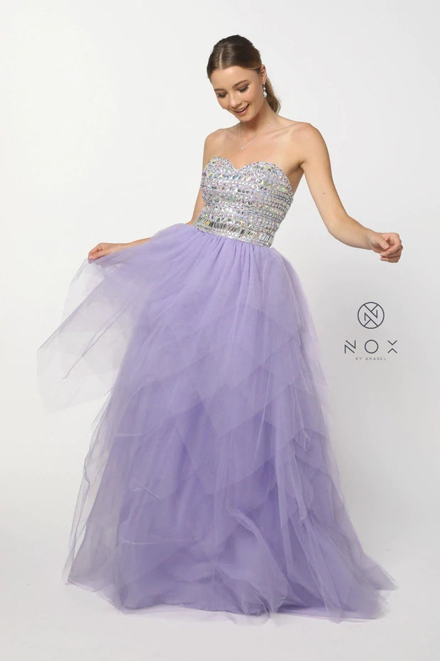 Nox Anabel 2740 Crystal Rhinestone Bodice with lace up corset back. A Line ballgown skirt with layered tulle for a fairy style design! Prom Dress Tulle A line Layered Skirt Formal Ballgown  Available Size & Colors:  Size 2 Lavender  Size 4 Baby Pink  Size 6 Mint Green