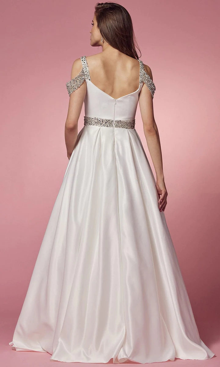 Nox Anabel R224W Long Satin A Line Ballgown Pockets Off the shoulder Dress Pageant prom Bridal Gown sweetheart neckline with beaded embellished cold shoulders strap and waistband. The open back has a zipper closure while the skirt reveals a pleated detail and flows into a full length A-line silhouette 