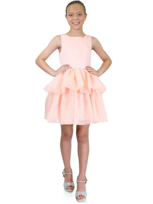 Marc Defang 5027 Girls high neck ruffle high low detachable skirt pageant dress  Sweet heart neckline Versatile, detachable skirt, turn into short interview dress Great fun fashion piece Come in all colors  Multiple layers skirt Center back invisible zipper Fully lined Available Sizes: 14 - Hot Pink Shimmer