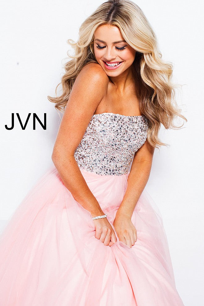 JVN52131 crystal embellished bodice strapless straight neckline long tulle prom dress ball gown 