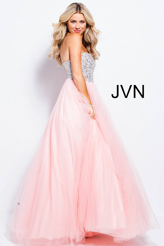 JVN52131 crystal embellished bodice strapless straight neckline long tulle prom dress ball gown 