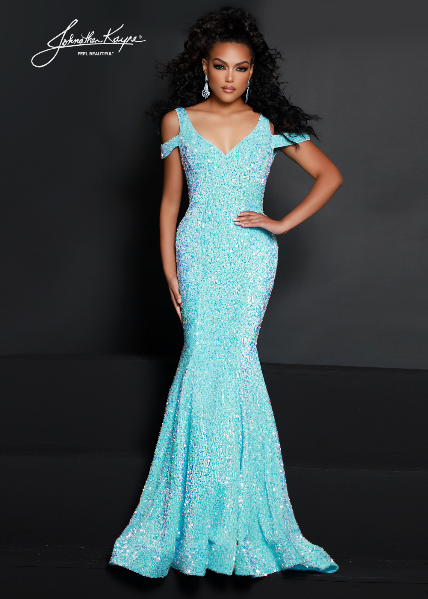 Johnathan Kayne 2678 sequin stretch velvet gown with off shoulder straps Lush Mermaid skirt and train perfect for Pageants  Available Sizes:00-24  Available Colors: Aqua, Magenta, Multi