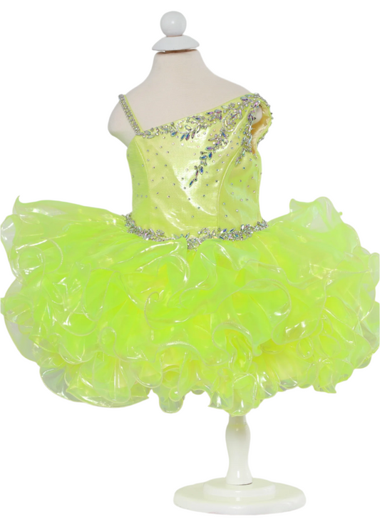 Sugar Kayne C214 iridescent organza gown with a corset back  Available sizes: 0M,6M,12M,18M,24M,2T,3T,4T,5T,6T  Available Colors: Aqua, Lemon Lime, Pink