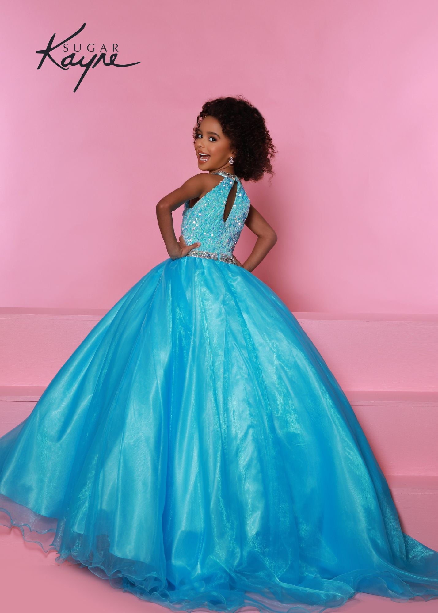 Sugar Kayne c321 sequin stretch velvet with beaded collar and waist band accent Sugar Kayne C321 Velvet Sequin High neck Girls Pageant Dress Shimmer Ballgown Formal  Available Sizes: 2-16  Available Colors: Aqua. Orchid