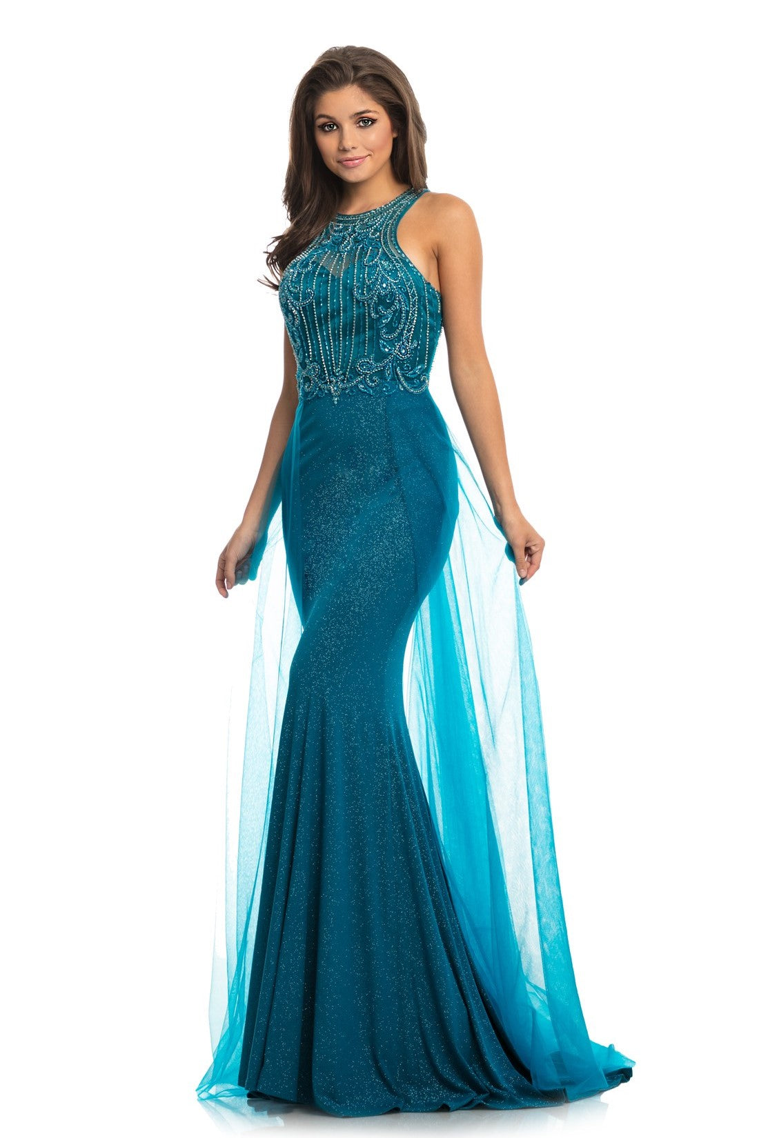 Johnathan Kayne 9071 Size 0 Teal Long Iridescent Pageant Dress Overskirt Mermaid Gown