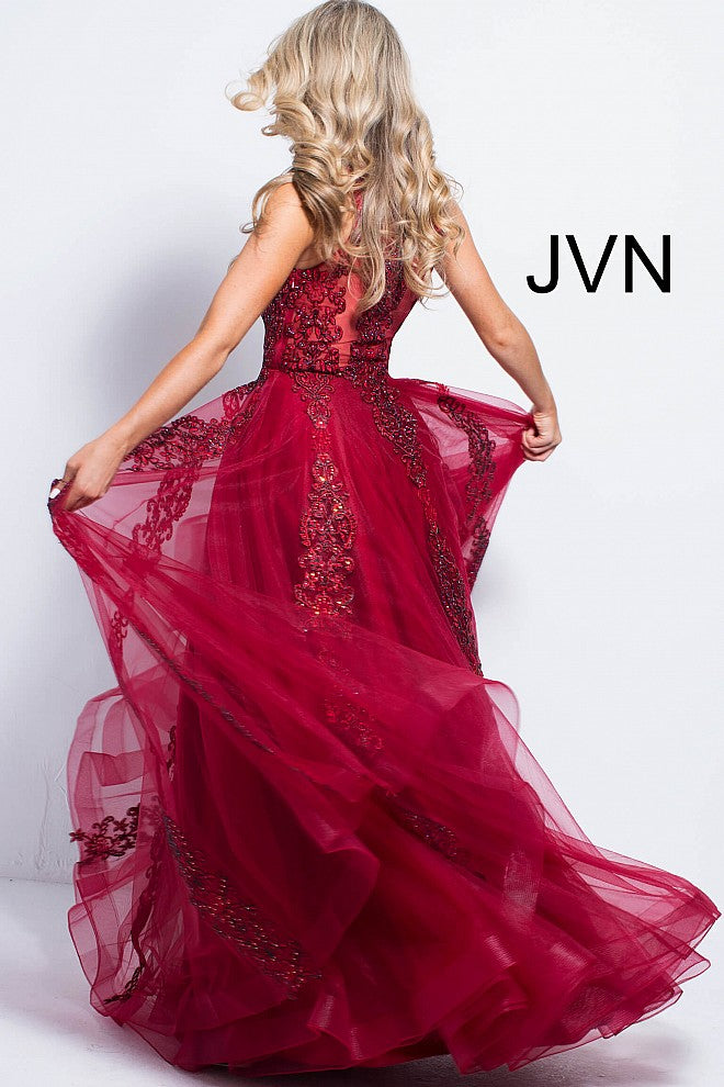 JVN59046 Burgundy prom dress with sheer lace applique high neckline and sheer full back lace applique coverage with zipper and long tulle ball gown skirt 