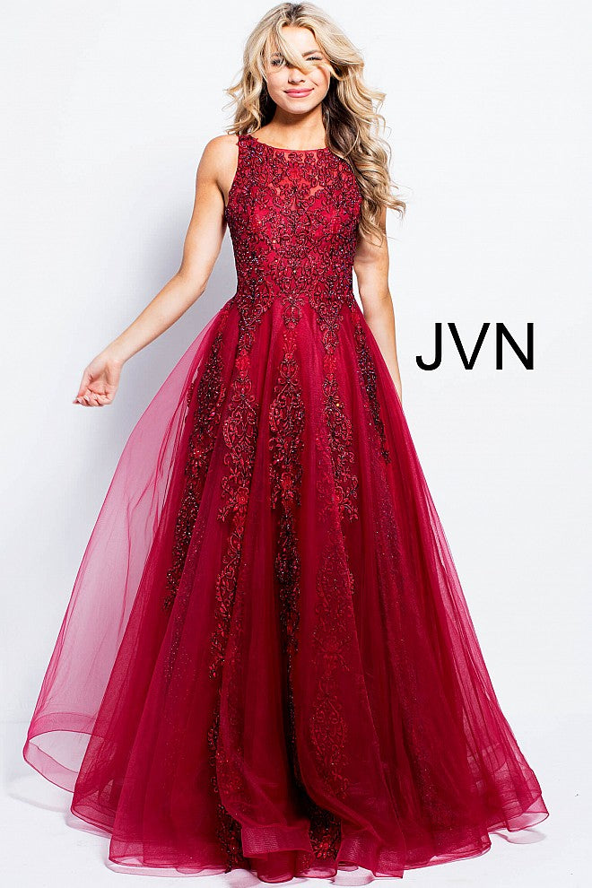 Jovani 59046 Sheer Tulle Lace High Neck Ballgown Prom Dress Formal Gown