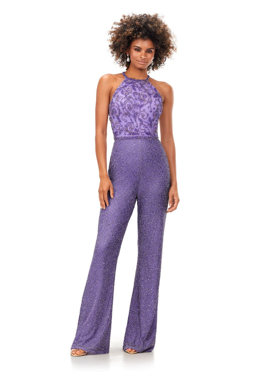 Ashley Lauren 11339 This unique halter style jumpsuit features an intricately beaded bodice, open back and wide leg pants. Halter Neckline Open Back Wide Leg Pants Fully Hand Beaded COLORS: Black, Ivory, Lilac