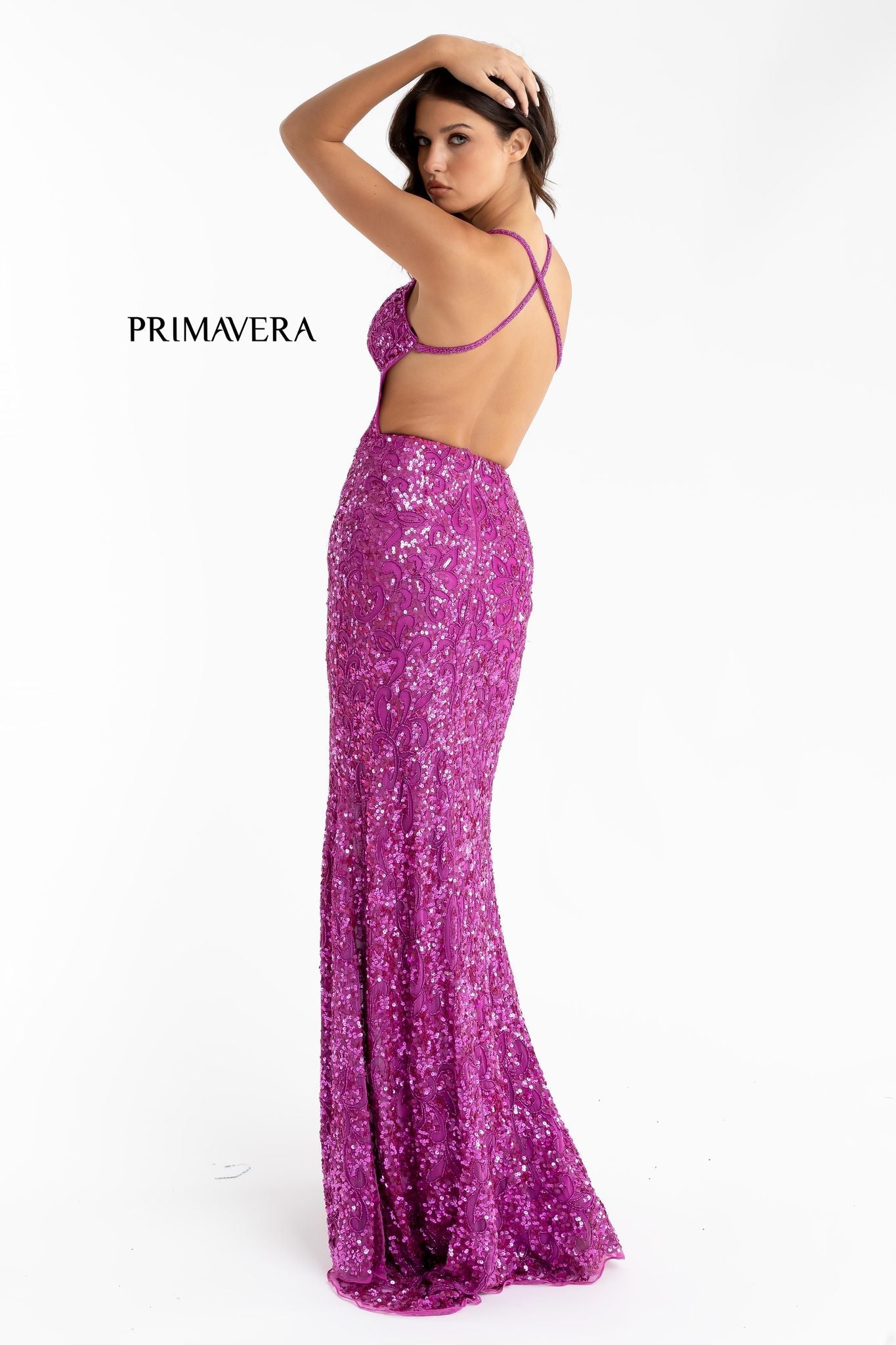 Primavera Couture 3295 Size 2 Neon Lilac Prom Dress V Neckline Sequins Backless Slit Formal Evening Gown