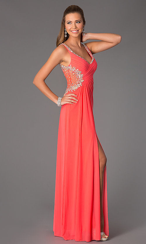 Jovani JVN94375 Size 8 sheer prom dress V neck slit Backless Watermelon Gown