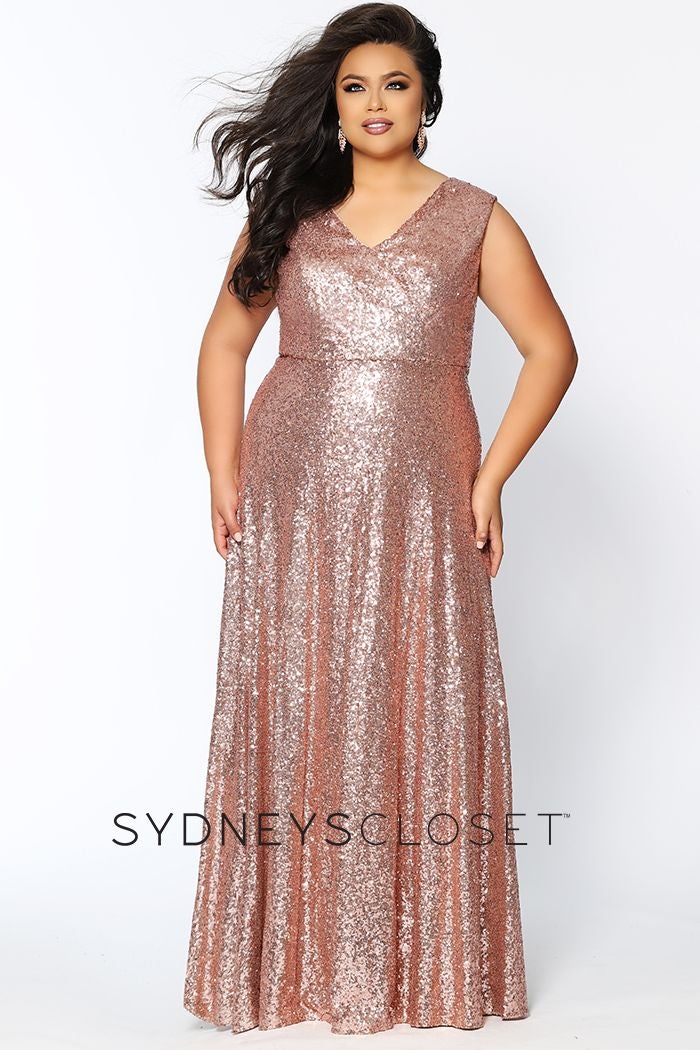 Sydney's Closet CE1801 - Long Sequin Plus Size Prom Dress. Look red-carpet ready in this glamorous plus size floor-length sequin evening gown. This contemporary sleeveless sequin gown design features bra-friendly straps and a sexy V-neckline. Soft knit lining stretches for an oh-so-comfy fit! Soft-draped bodice accentuates your curves. You’ll be photographed like a movie star at Prom, a Military Ball, or Gala. City Lights  Celebrations CE 1801