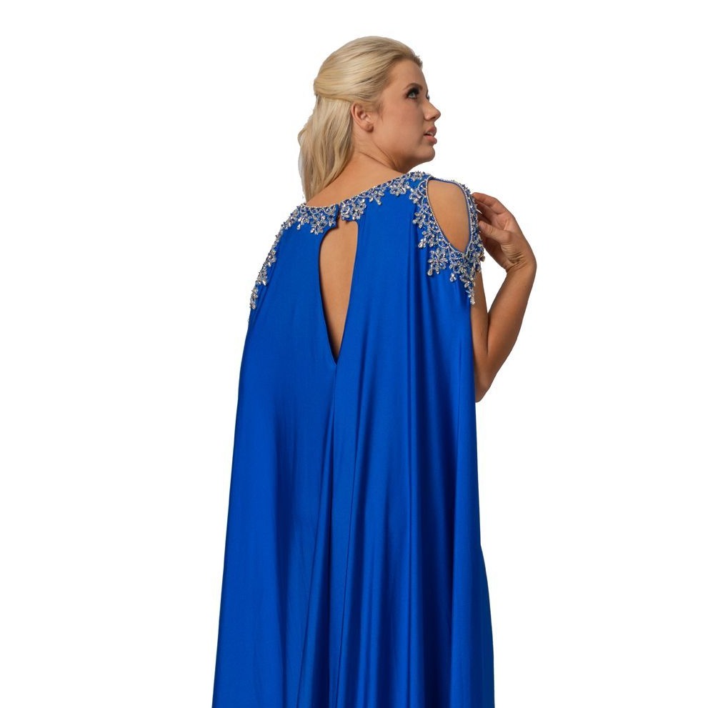 Johnathan Kayne 2075 is a Cape Prom Dress, Pageant Gown & Formal Evening Wear. This 4 way stretch Lycra gown features an Embellished illusion plunging high neckline. Embellished Over Cape Features Shoulder cutouts with a keyhole cutout in the back. skirt features a slit.