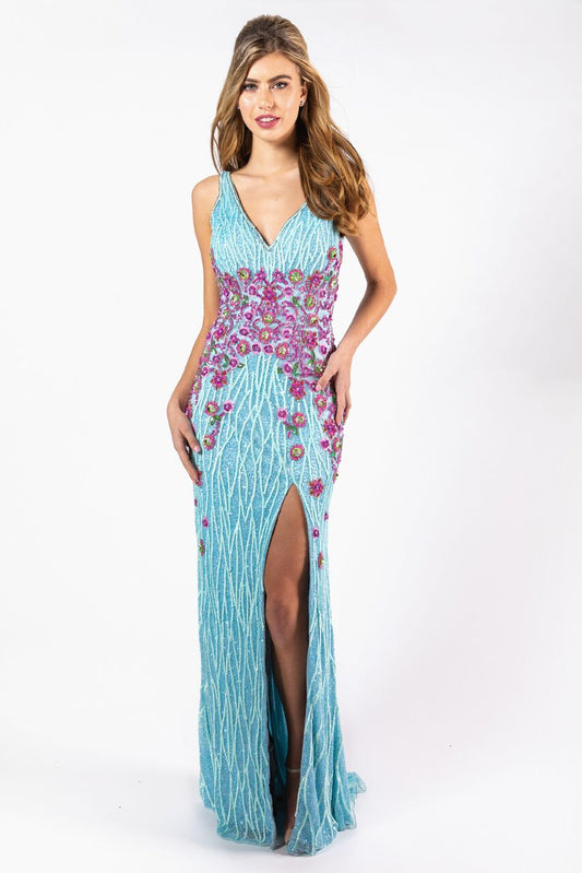 Primavera Couture 3238 Prom Dress Pageant Gown his fully beaded gown features thick straps, a side slit, an open back, and stunning floral beading at the waist than spreads toward the bottom.  Floral multi embellished prom dress.    Size 14 - Powder Blue